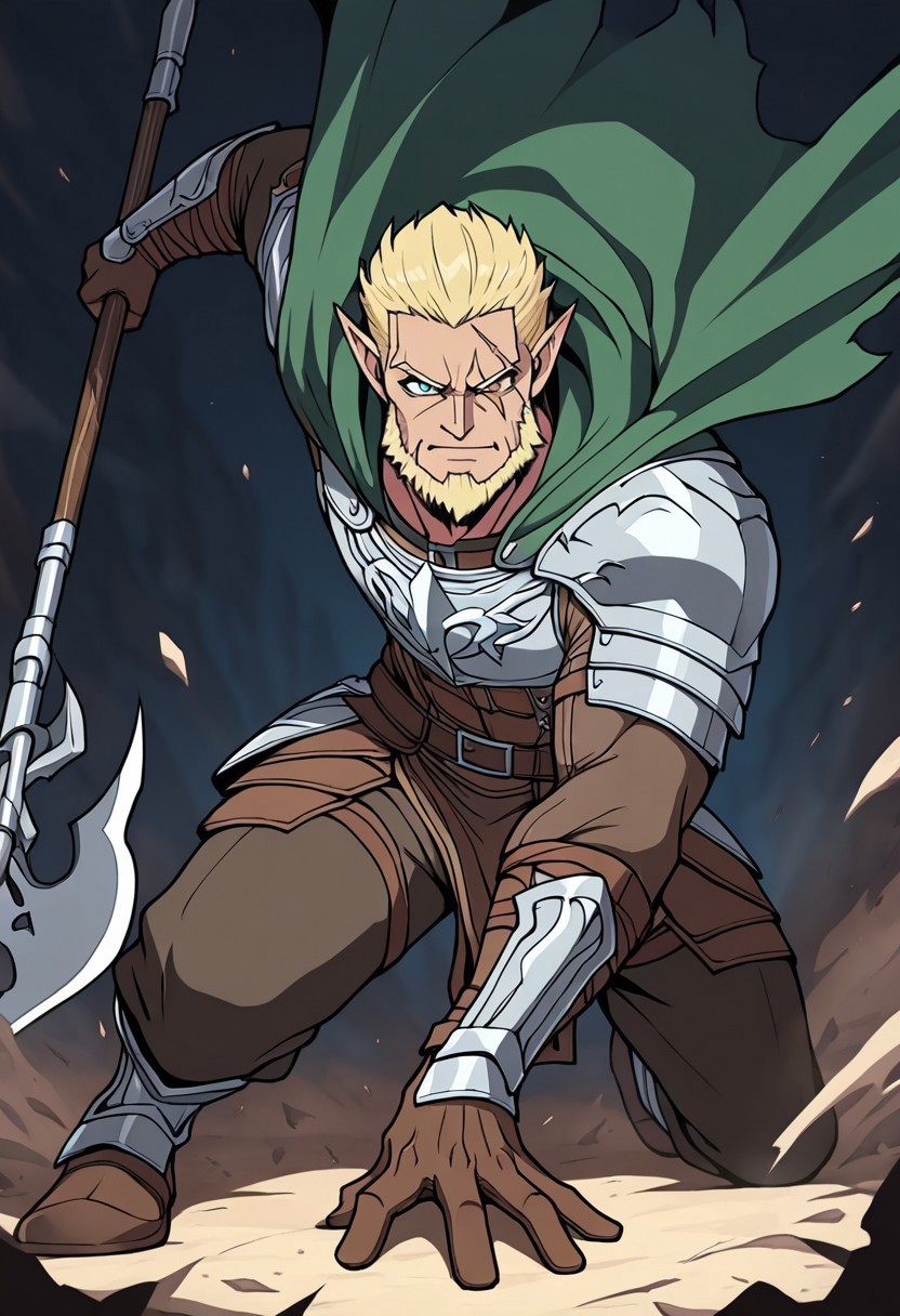 masterpiece, best quality, newest, absurdres, highres, 
INFMixV1.0,
1boy, manly, elf, beard, muscular male, blonde, blonde hair, pointy ears, scar, scar on face, armor, cape, chestplate, chest armor, 
dynamic pose, polearm, holding polearm, holding weapon, weapon, halberd, holding halberd