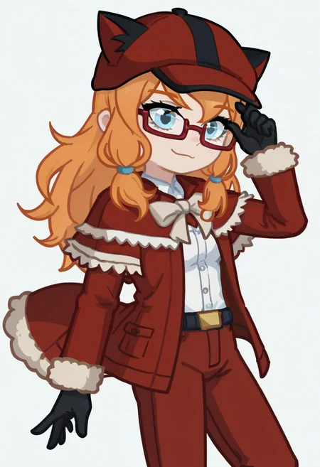 score_9, score_8_up, score_7_up, score_6_up, GachaPumpkinDetective, PumpkinDetective, girl, Blue eyes, redhead, orange hair, glasses, red-framed eyewear semi-rimless eyewear, hat with cat ears, red jacket, capelet, black gloves, red pants, fur boots