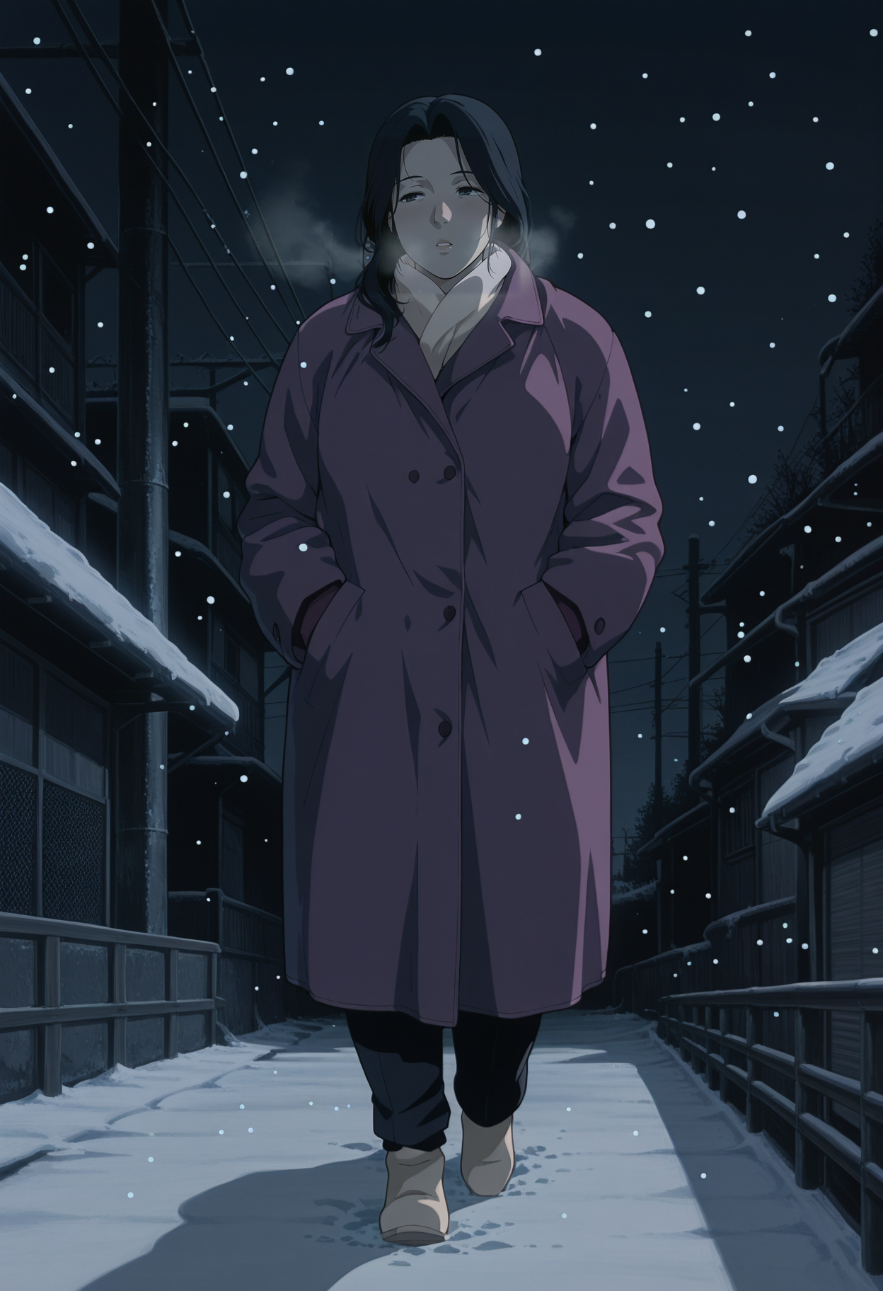1girl,solo,mm,mature female,black hair,long hair,
purple coat,cold,breath,outdoors, standing,snow,night,hands in pockets, walking
,masterpiece,best quality,amazing quality,<lora:Shinobu_Nagumo-Patlabor_2:0.8>