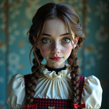 Horror magazine photo, medium shot, beautiful Wednesday Addams female with braided hair, smiling with big anime eyes, posing for Halloween costume, (8k, RAW photo, best quality, ultra high res, depth of field:1.1), (absurdres, intricate, photorealistic, masterpiece, ultra-detailed), torso shot