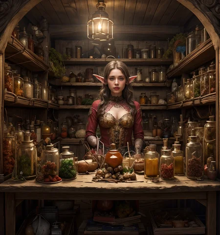 RAW photo, (masterpiece:1.3), subsurface scattering, heavy shadow, (high quality:1.4), (intricate, high detail:1.2), professional photography, HDR, High Dynamic Range, realistic, ultra realistic, photorealistic, high resolution, film photography, ambient lighting, atmospheric effects, <lora:detail_slider_v4:2>, OverallDetail, a sinister fantasy apothecary, shelves, counter, flasks, phials, ingedients, candles, a female elf, <lora:Fantasy_Interior:0.8>, faninter, epiCPhoto