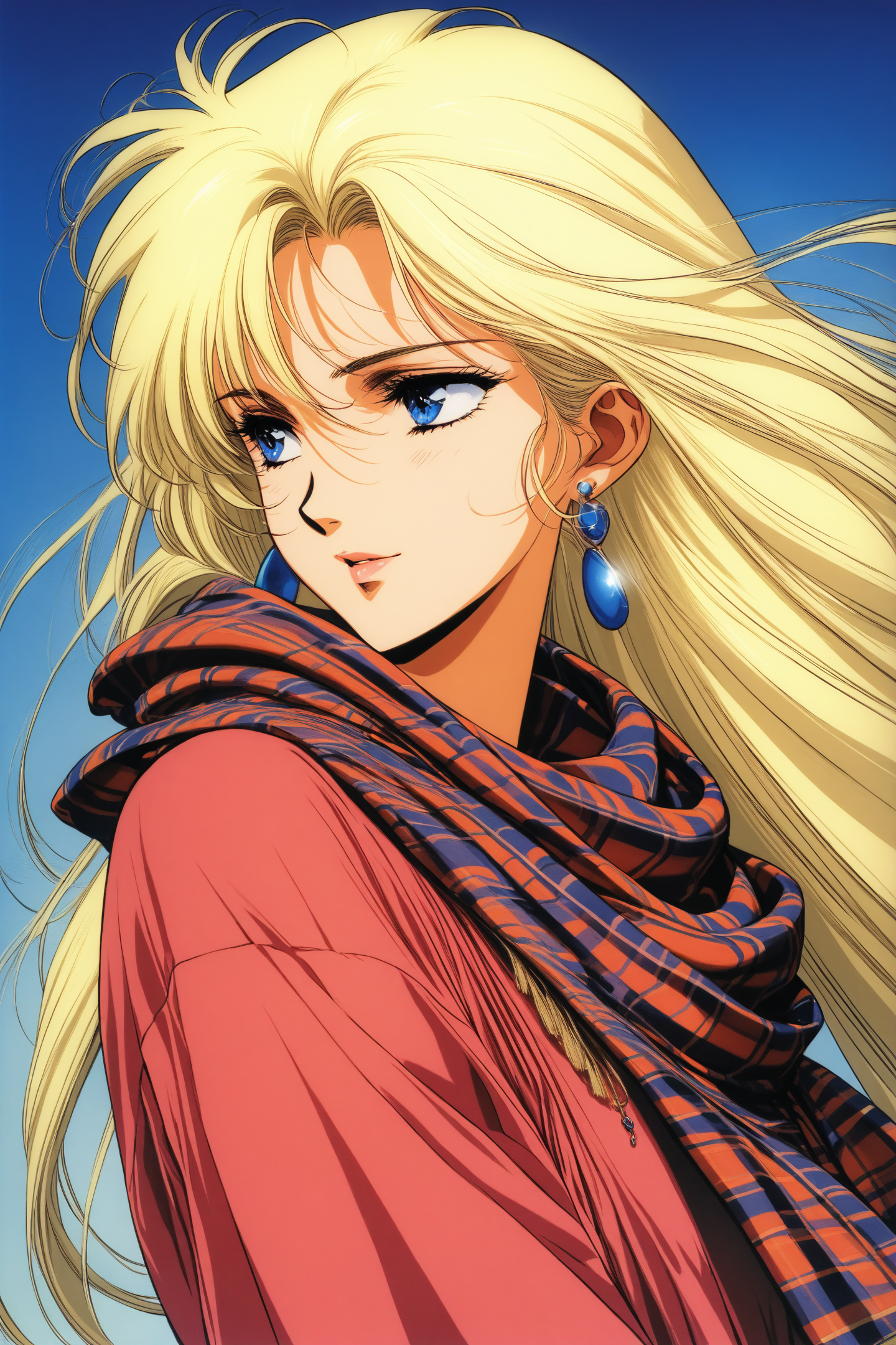 masterpiece,best quality,high quality,high score,great score,absurdres,
solo,blonde hair,long hair,scarf,1girl,jewelry,earrings,retro artstyle,blue eyes,
<lora:yuuki nobuteru_XL_v2:0.8>,