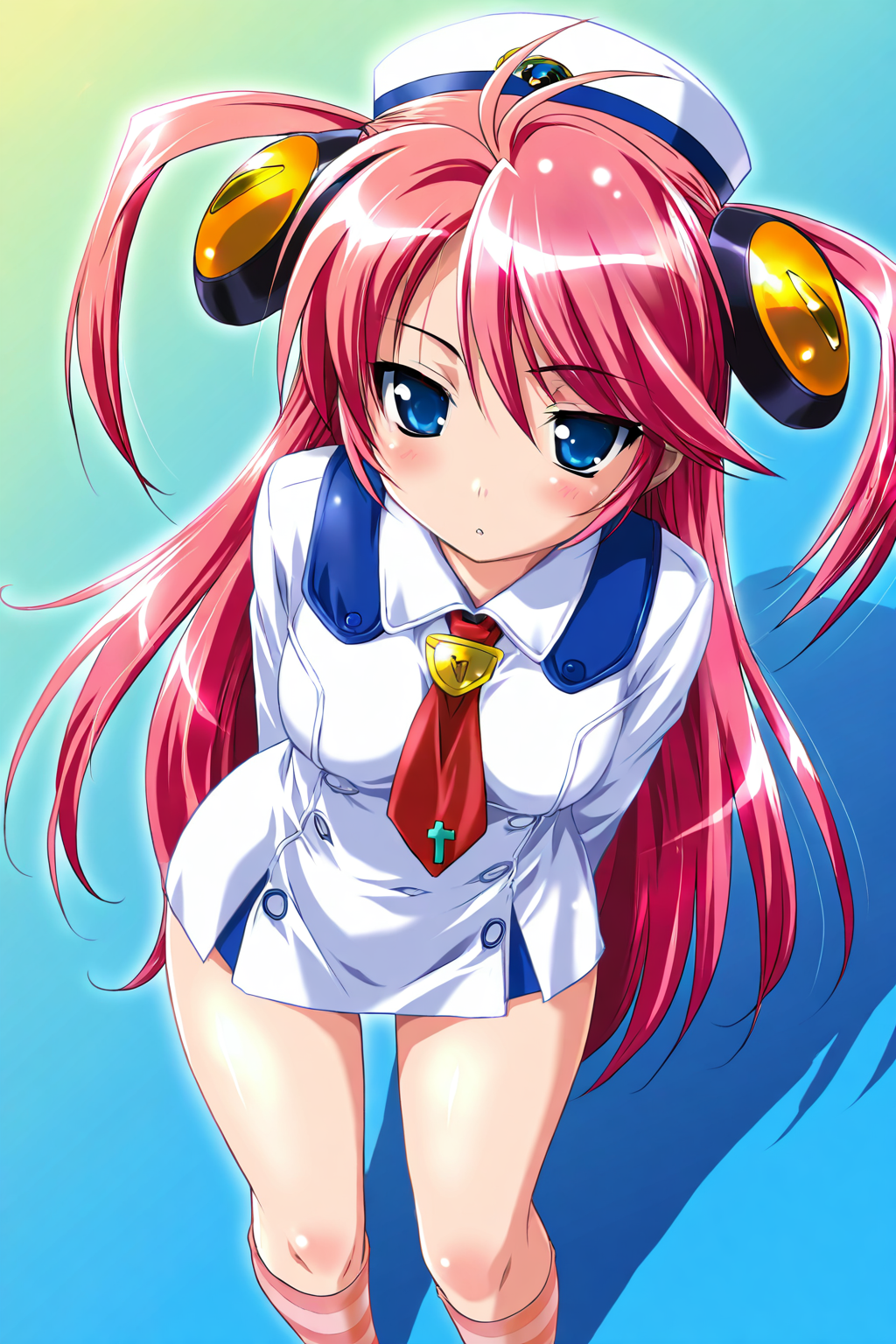 <lora:komatsu eiji IL:0.7>,amaneka machbuster,blue eyes,long hair,pink hair,hat,striped socks,pink hair,kneehighs,necktie,dress,from_above,skirt,, 1girl,masterpiece,best quality,amazing quality,very aesthetic,absurdres,newest,8K,prefect face, uncensored,