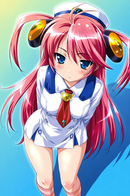 <lora:komatsu eiji IL:0.7>,amaneka machbuster,blue eyes,long hair,pink hair,hat,striped socks,pink hair,kneehighs,necktie,dress,from_above,skirt,, 1girl,masterpiece,best quality,amazing quality,very aesthetic,absurdres,newest,8K,prefect face, uncensored,
