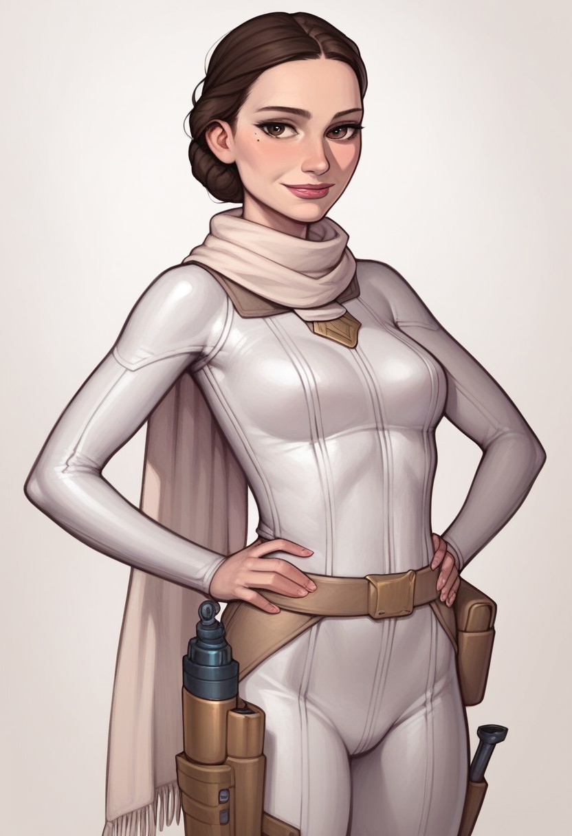 score_9, score_8_up,score_7_up, score_6_up, score_5_up, score_4_up,
(realistic lighting), padme amidala, cute face, perfecteyes, (big eyes:0.7), (mole under eye), (horny:1.2), (sexy look:1.2), (seductive smile:1), perfect body, (young body:1.2), (medium breasts:0.9), (sexy pose:1.2), (smile:1.1), confident, (arms on hips:1.2), brown eyes, perfect eyes, thin, linnen clothes,  bodysuit, (white bodysuit:1.2), (slim thighs:1.2), (skin tight:1.4), white clothes, (padme bodysuit:1.2), (large scarf around neck:1), (large scarf:1.4), (white scarf:1.4), (cape:1.2), beige belt, (holstered blaster:1.1)