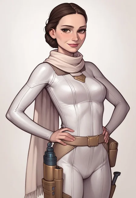 score_9, score_8_up,score_7_up, score_6_up, score_5_up, score_4_up,
(realistic lighting), padme amidala, cute face, perfecteyes, (big eyes:0.7), (mole under eye), (horny:1.2), (sexy look:1.2), (seductive smile:1), perfect body, (young body:1.2), (medium breasts:0.9), (sexy pose:1.2), (smile:1.1), confident, (arms on hips:1.2), brown eyes, perfect eyes, thin, linnen clothes, bodysuit, (white bodysuit:1.2), (slim thighs:1.2), (skin tight:1.4), white clothes, (padme bodysuit:1.2), (large scarf around neck:1), (large scarf:1.4), (white scarf:1.4), (cape:1.2), beige belt, (holstered blaster:1.1)