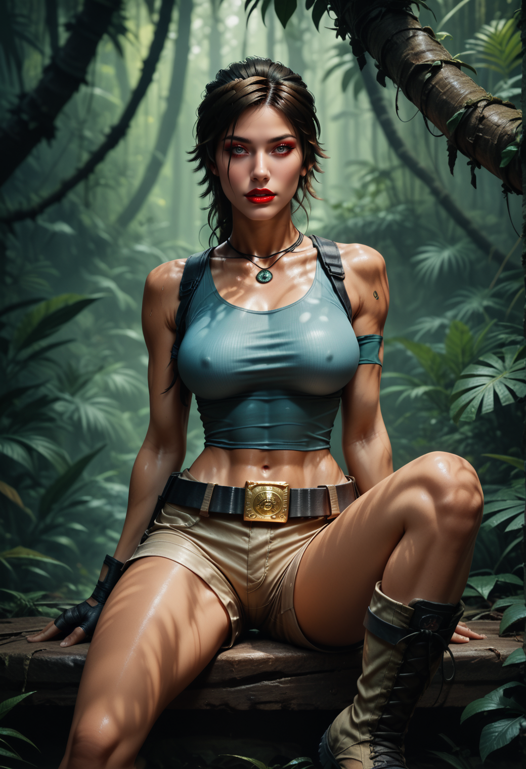 score_9, score_8_up, score_7_up, 1 girl, Jed-LraC ,Lara Croft , A tight tank top, short shorts, combat boots, belt,  tomb raider,  , sitting, jungle<lora:LaraCroft-000003:1>