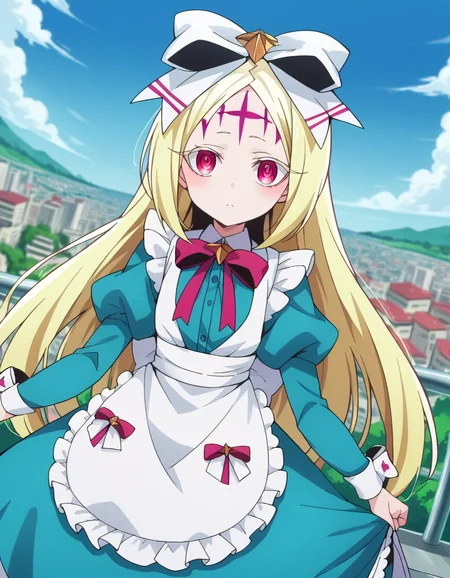 score_9, score_8_up, score_7_up, source_anime,
morinokorisu, <lora:morino-korisu-ponyxl-lora-nochekaiser:1>
nero alice, long hair, blonde hair, red eyes, bow, hair bow, pink eyes, facial mark, forehead mark,
long sleeves, dress, ribbon, apron, white apron, puffy sleeves,
outdoors, cityscape,
looking at viewer, dutch angle, cowboy shot