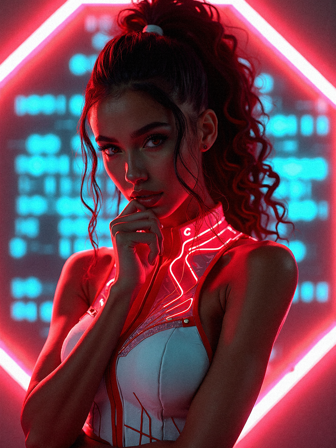 A photorealistic image of a brown skinned voluptuous woman in a white and red outfit, standing in front of a flickering digital binary codes and  glowing neon octagon pattern. The vibrant neon lights reflect off her intricate detail of her outfit and ponytail curly hair, adding a surreal glow to her figure.
She is wearing intricate detail of Fitted bodice with glowing neon circuits and fiber optic shoulder wraps.

Holding one hand to her mouth, her gaze fierce as her eyes lock onto the viewer.

Photorealistic Aesthetics:
Fine texture on her white and red top, with neon reflections casting depth.
Subtle lighting on her neck, enhancing the surreal atmosphere.
Detailed shadowing on her face.
Soft focus on the neon reflections around her hair strands.









