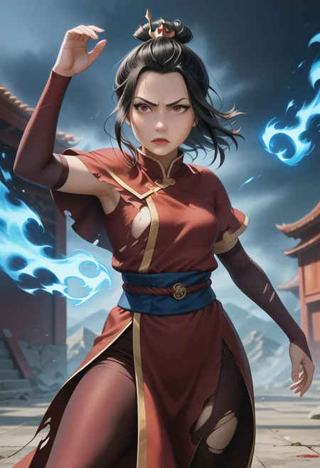 Expressive, score_6_up, score_7_up, score_8_up, score_9. Masterpiece, best quality, highly detailed, harmonious anatomy, (natural beauty:1.1), consistent details. fighting, azula, japanese, <lora:azula-book2-ponyxl-lora-nochekaiser:1>, azula, black hair, brown eyes, topknot, sidelocks, hair bun, single hair bun, flowing hair, action shot, wind in hair, (afraid look), [surprised look], skintight clothes, chinese clothes, capelet, sash, long sleeves, elbow gloves, pronounced female figure, areola slip, exposed skin, flashing thighs, (torn clothes:1.2), [scar, blood, defeated, wounded], in feudal japanese background, blue fire power aura, blue flames, dynamic pose, dynamic view, perfect hands, [blue fire around closed fists], martial art position,
