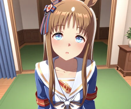 masterpiece, best quality, amazing quality, , 1girl, solo, looking at viewer, <lora:Grass Wonder in game style 3D ILL-v2:1> ummsmingame, 3d,grass wonder \(umamusume\), indoors,
