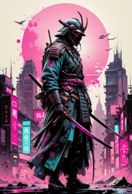 "Retro-futuristic cyberpunk artwork, fantasy oil painting, cyberpunk art full composition, shattered, double exposure, blending a samurai with futuristic technology, cityscape background"


<lora:ck-Neon-Retrowave:1>
 <lora:aidmaSoftGlow:0.55>
 <lora:CPA:0.53>
 <lora:artisketchyfs-v02:0.65> 
<lora:frazetta_flux_v2:0.9>