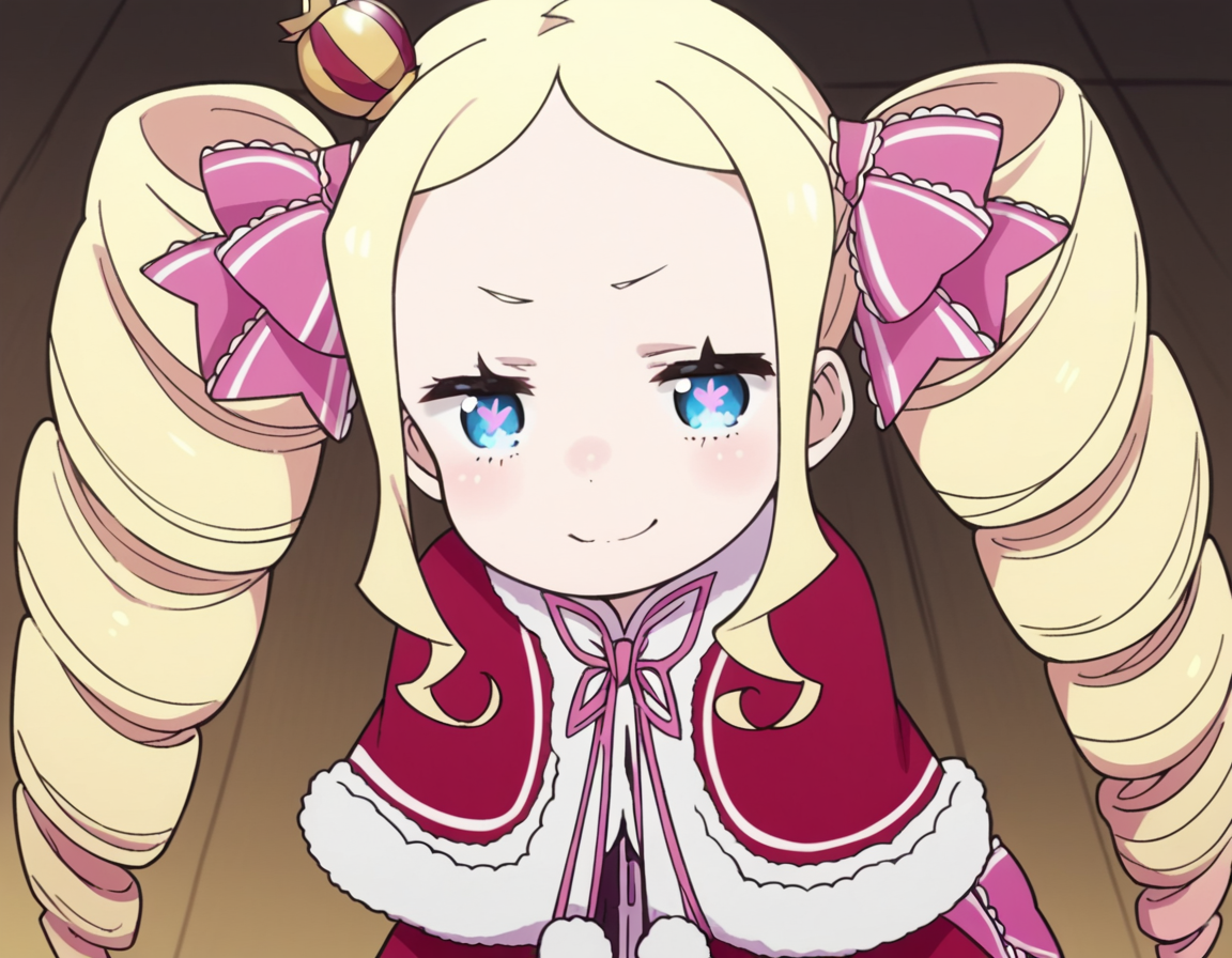 score_9, score_8_up, score_7_up, source_anime, <lora:rezero-beatrice-s3-leak-ponyxl-lora-nochekaiser:1>, beatrice, long hair, blue eyes, blonde hair, twintails, hair ribbon, sidelocks, symbol-shaped pupils, drill hair, twin drills,, dress, ribbon, fur trim, capelet, crown, mini crown, red capelet, frills, bowtie,, indoors, bent over, smile, smug, looking at viewer, solo,, cowboy shot, dutch angle