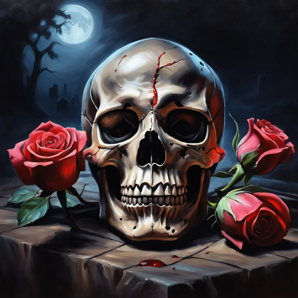 Majestic tb oil painting, skull, red rose, grave yard, night, low key lighting, UHD 4k High resolution, cinematic style, photorealism, <lora:ThickBrush:0.4>