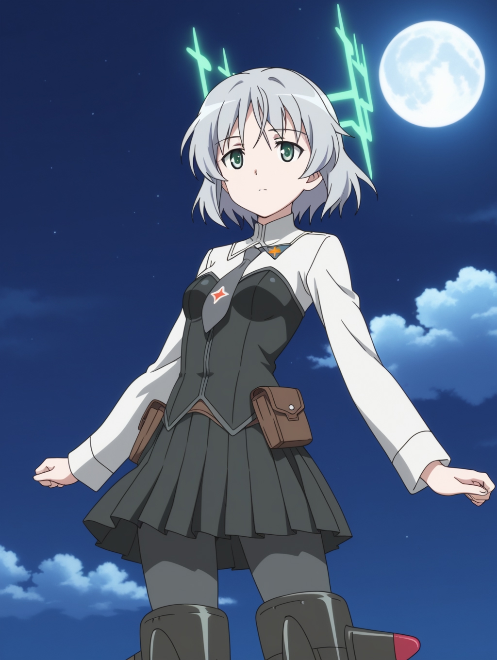 masterpiece, best quality, amazing quality, detailed background, perfect eyes, anime coloring, anime screencap, 1girl, solo, sanya v. litvyak, grey hair, short hair, small breasts, green eyes, military uniform, long sleeves, grey necktie, black pleated skirt, pantyhose, hirschgeweih antennas, striker unit, expressionless, (outdoors, night, night sky, full moon, cloud, flying,)