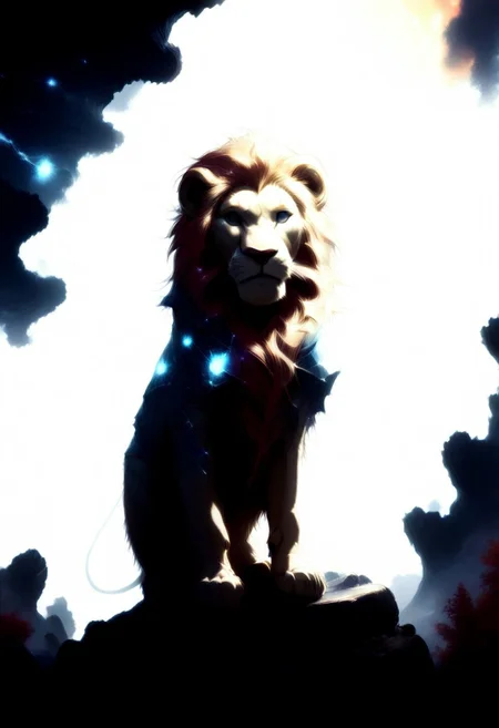masterpiece, best quality, good quality, very awa, newest, highres, absurdres, ,score_9, score_8_up, score_7_up, Majestic lion, golden mane, standing on a rock, sunset light casting a warm glow