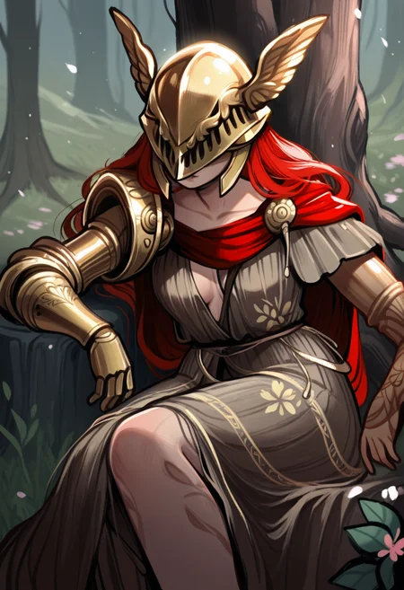 d0p4style, masterpiece, best quality, solo, MALENIA, golden helmet, robe, bronze arm, sitting under a tree blossom,