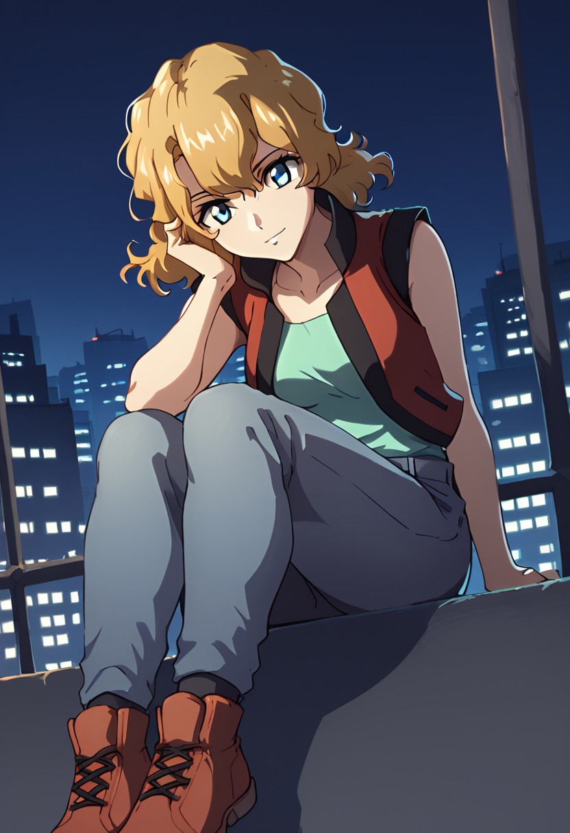 score_9, score_8_up, score_7_up,city view, 1 female,night view, moonlight,asagicaldwell, blue eyes, blonde hair, suspender vest, sleeveless shirt,shoes,sitting,pants