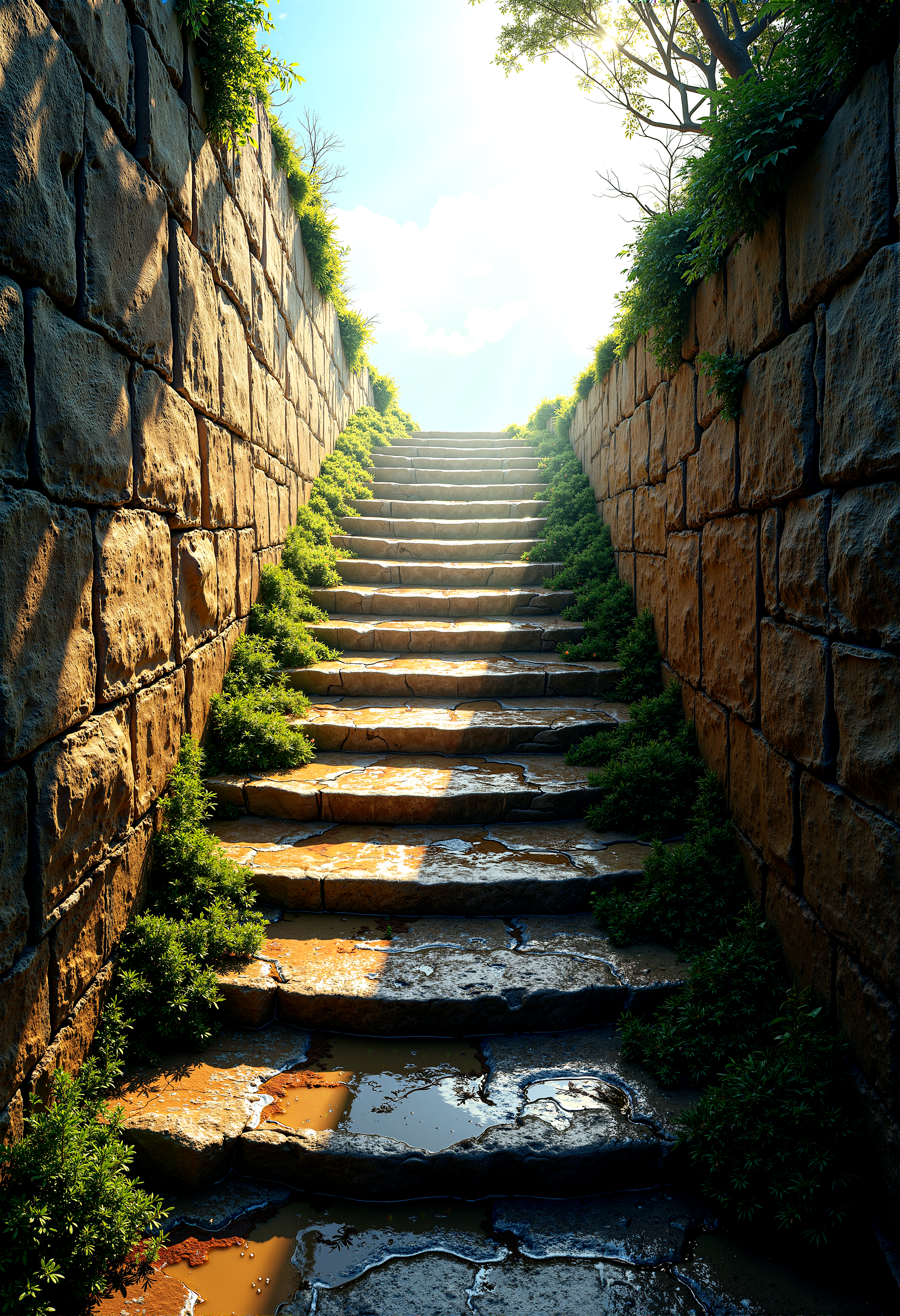 photorealistic image of a stairway to heaven from a far,curvy pathway, birds eye view, wet surrounding, moss grow on wall surface, crack stairs, sandy stairs surface,  background revealing bright lights, fluffy clouds, etherial atmosphere, detail stairway steps made of cobblestone, roman architecture, godrays, rainbow lens flre, weeds growing between stairs, extremely intricate detail, imperfect architecture, detailed wet pavement, prehistoric places

in POV




 














