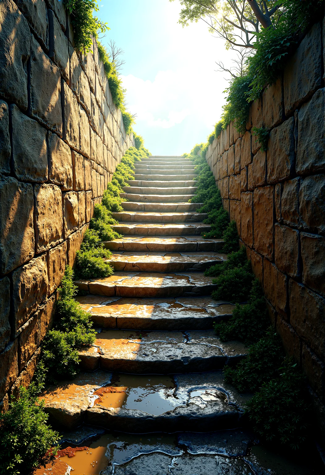 photorealistic image of a stairway to heaven from a far,curvy pathway, birds eye view, wet surrounding, moss grow on wall surface, crack stairs, sandy stairs surface,  background revealing bright lights, fluffy clouds, etherial atmosphere, detail stairway steps made of cobblestone, roman architecture, godrays, rainbow lens flre, weeds growing between stairs, extremely intricate detail, imperfect architecture, detailed wet pavement, prehistoric places

in POV




 














