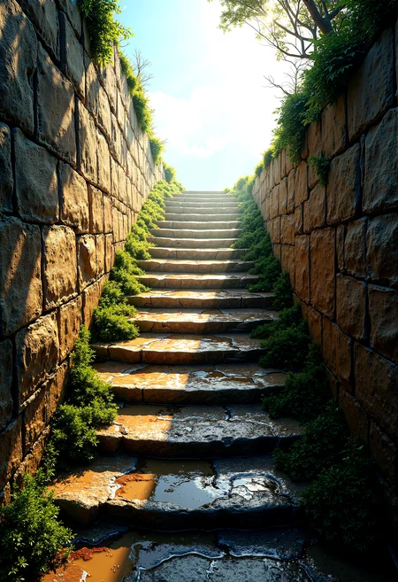 photorealistic image of a stairway to heaven from a far,curvy pathway, birds eye view, wet surrounding, moss grow on wall surface, crack stairs, sandy stairs surface, background revealing bright lights, fluffy clouds, etherial atmosphere, detail stairway steps made of cobblestone, roman architecture, godrays, rainbow lens flre, weeds growing between stairs, extremely intricate detail, imperfect architecture, detailed wet pavement, prehistoric places
in POV