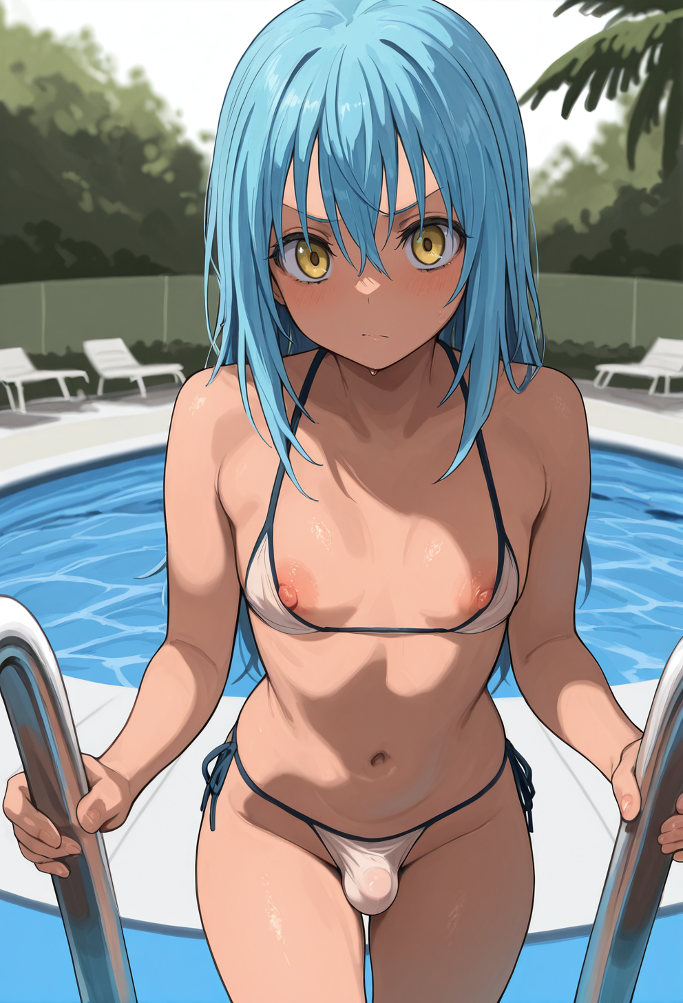 masterpiece, best quality, cowboy shot, 
 <lora:Mamimi:1> M4m1m1, 1girl, solo, looking at viewer, rimuru tempest, blue hair, bikini, penis bulge, nipple slip, outdoors, pool,
