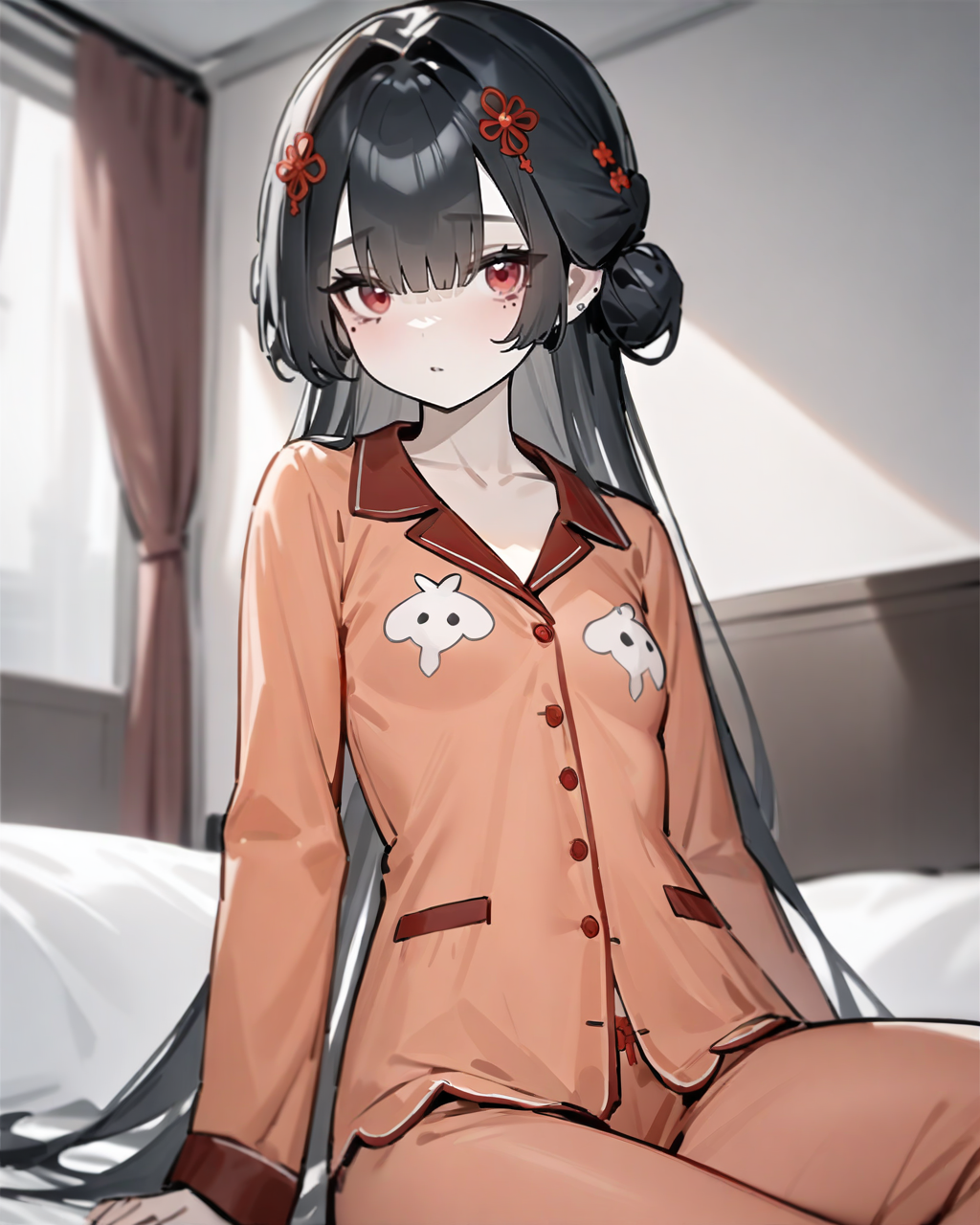 masterpiece,best quality,looking at viewer,bedroom,(pajamas:1.2),sitting on bed,
<lora:xuankai_xl:0.7>,xuankai snowbreak,1girl,solo,mole under eye,long hair,black hair,hair ornament,red eyes,small breasts,bangs,hair bun,