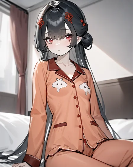 masterpiece,best quality,looking at viewer,bedroom,(pajamas:1.2),sitting on bed,
<lora:xuankai_xl:0.7>,xuankai snowbreak,1girl,solo,mole under eye,long hair,black hair,hair ornament,red eyes,small breasts,bangs,hair bun,