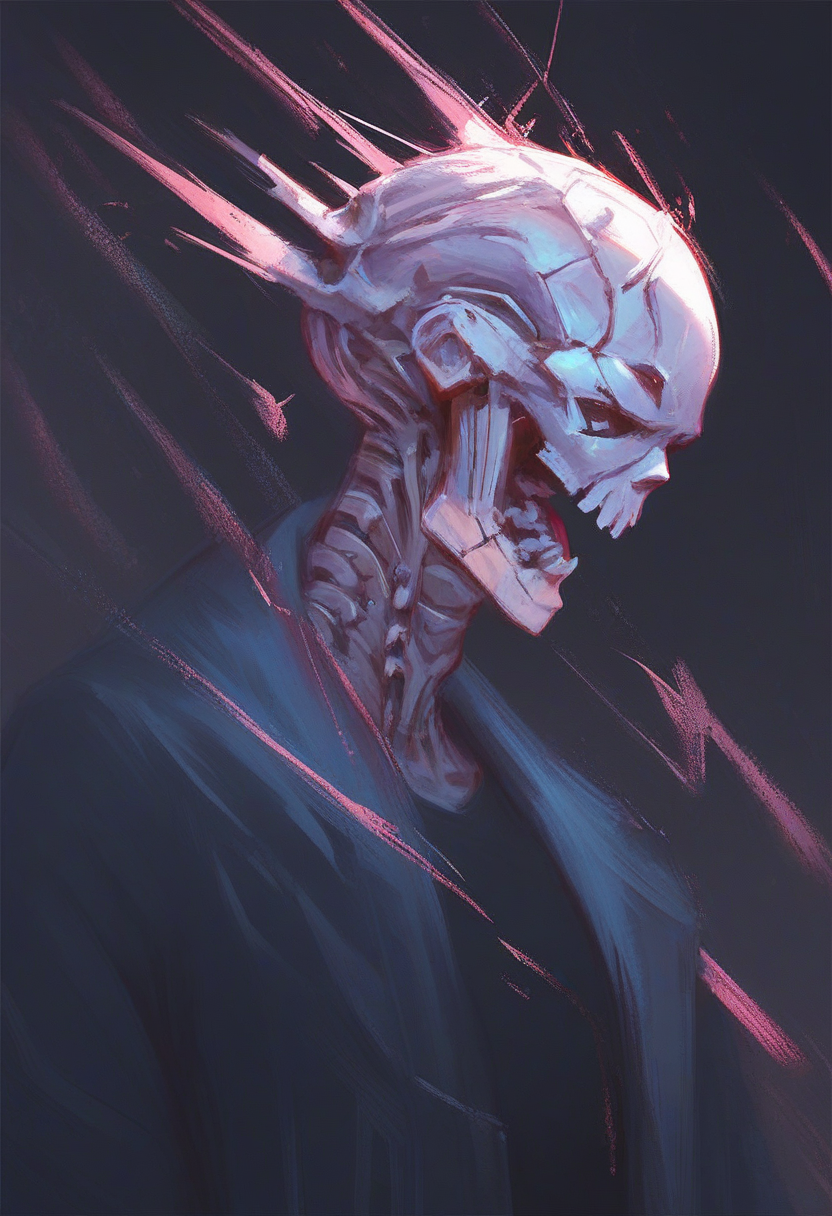 <lora:alexchow:0.9> score_9, score_8_up, score_7_up, abstract, metal skeleton, wearing black robe, cyberpunk neon, dark background ,
