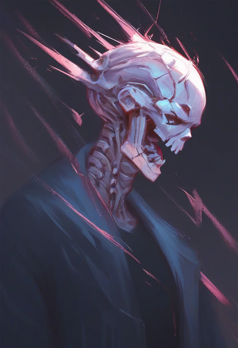 <lora:alexchow:0.9> score_9, score_8_up, score_7_up, abstract, metal skeleton, wearing black robe, cyberpunk neon, dark background ,
