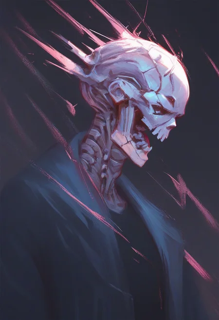<lora:alexchow:0.9> score_9, score_8_up, score_7_up, abstract, metal skeleton, wearing black robe, cyberpunk neon, dark background ,