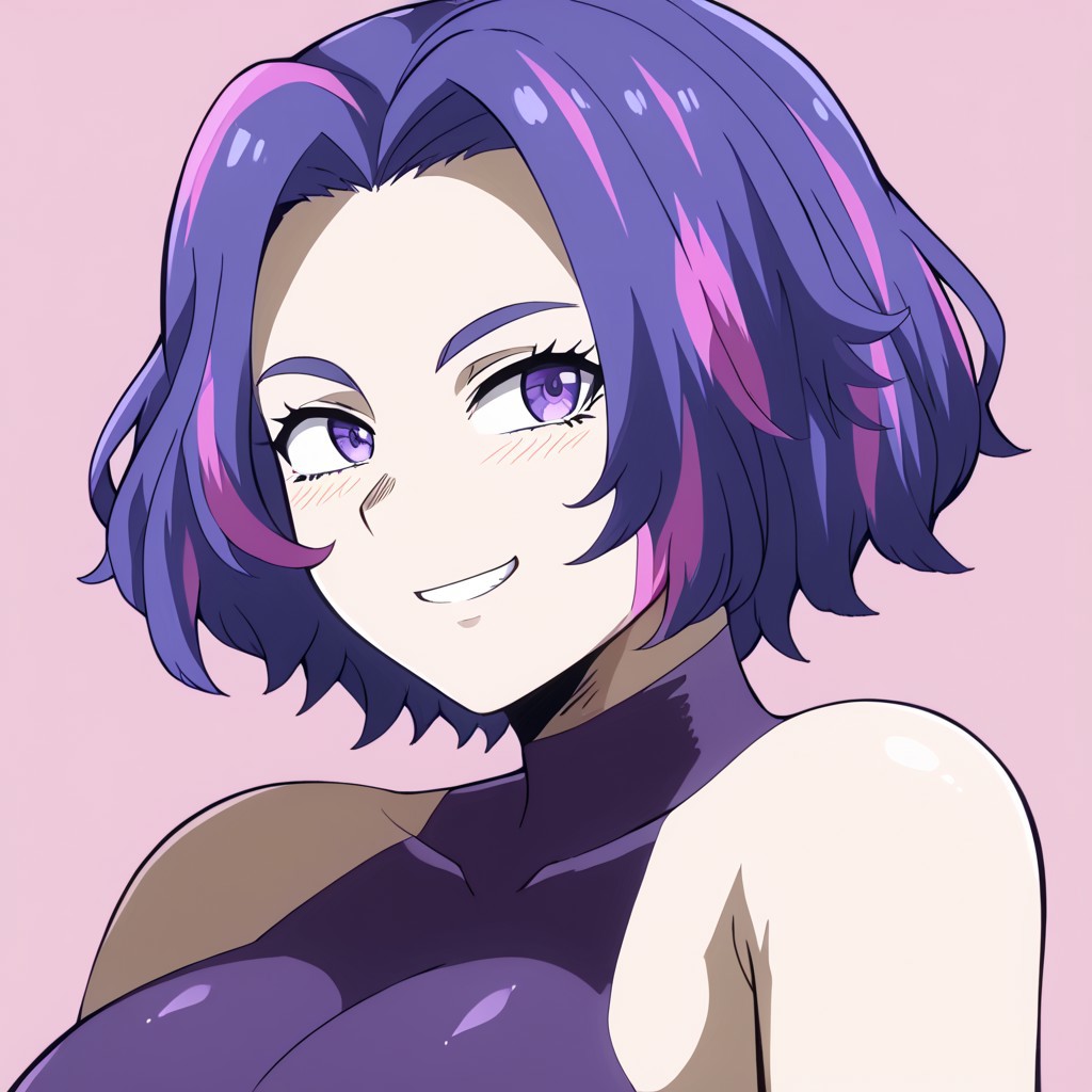 score_9, score_8_up, score_7_up, score_6_up, score_5_up, score_4_up, source_anime, <lora:confetti-extract- ponyxl:0.85>, detailed eyes, easynegative, rating_explicit, Expressiveh, 1girl, solo, Loquillo, lady nagant, purple hair, purple eyes, purple dress, big breasts, cleavage, blush, looking to viewer, small smile, little smile