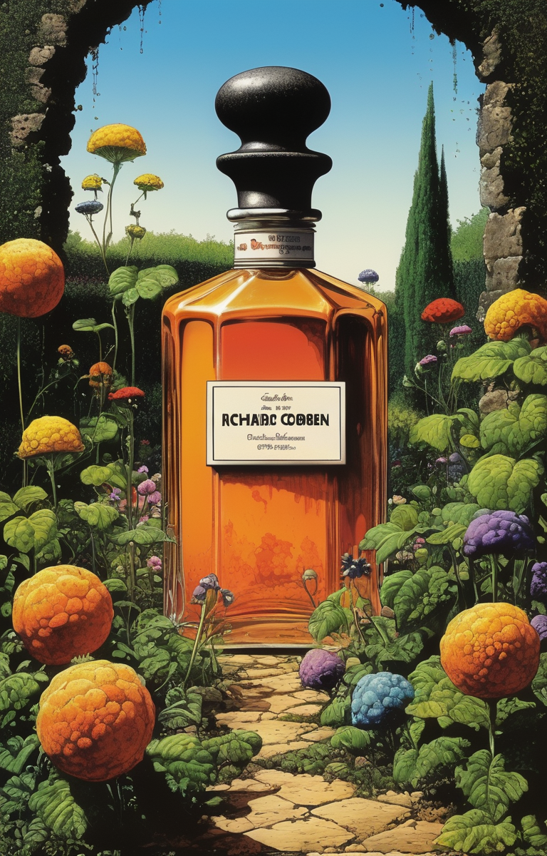 masterpiece,best quality,<lora:tbh235-sdxl:0.5>,illustration,style of Richard Corben, A bottle of perfume in garden