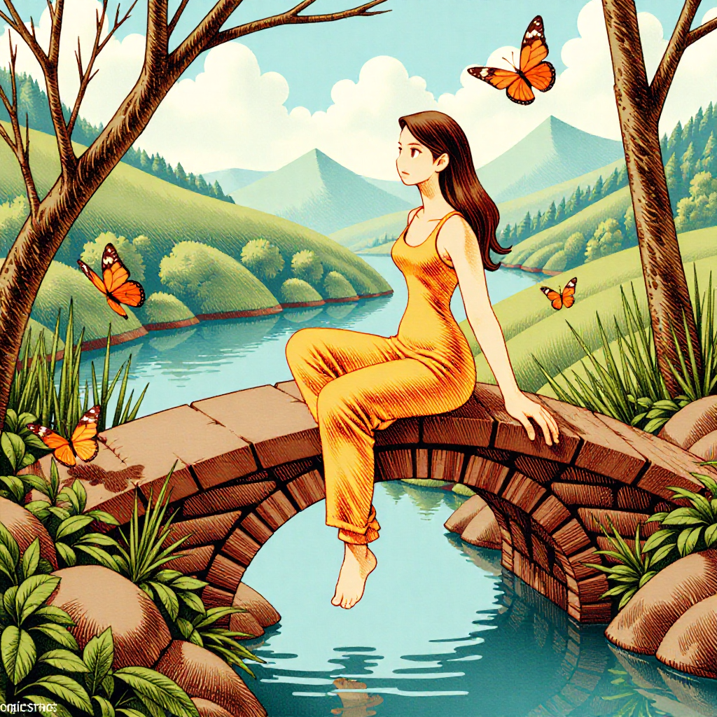 fftstyle illustration of a woman sitting on a bridge above a stream with butterflies flying around her