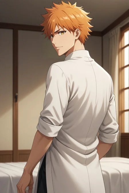 score_9, score_8_up, score_7_up, , , rating_safe, intricate details, looking at viewer, , 1boy, emiya shirou, fate \(series\), orange hair, yellow eyes, solo, wide angle, wide shot, cowboy shot, bedroom, indoors, light, looking back, light smile, <lora:bleach_tybw_style_pony:0.82>, bleach_tybw_style, , <lora:sdxl_lightning_8step_lora:1>