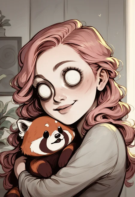 1girl, young woman with middle pink hair is hugging a red panda, cozy living room, (slight smile:0.3), upper body shot, muted colors, looking at viewer, blank eyes, dontstarvestyle, <lora:dontstarvestyleV5:1>, score_9, score_8_up, score_7_up,