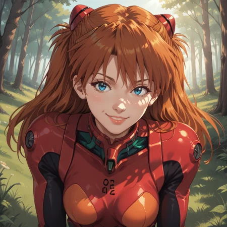 score_9, score_8, BREAK, solo, Asuka_Langley_Soryu_(Evangelion), 1girl, long hair, bangs, blue eyes, brown hair, hair ornament, red bodysuit, red gloves, red boots, self portrait, smile, looking at viewer, outdoors, sunlight, shadows, evening lighting, natural lighting, forest, trees, grass, orange sky, sunset