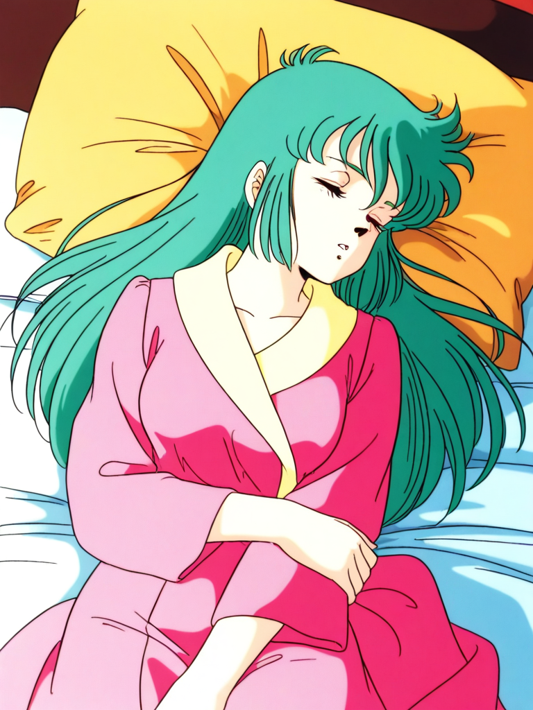 general,highres, ultra-detailed,very aesthetic,best quality ,best hands, BREAK <lora:Ciela_Lapana_gown_IS:0.8>
Ciela_Lapana(gown), 1girl, solo,  long hair, green hair, bangs, medium breasts,
pink gown, robe,
1980s (style), anime coloring,
sleeping, closed eyes, lying, parted lips, v arms,
bed,