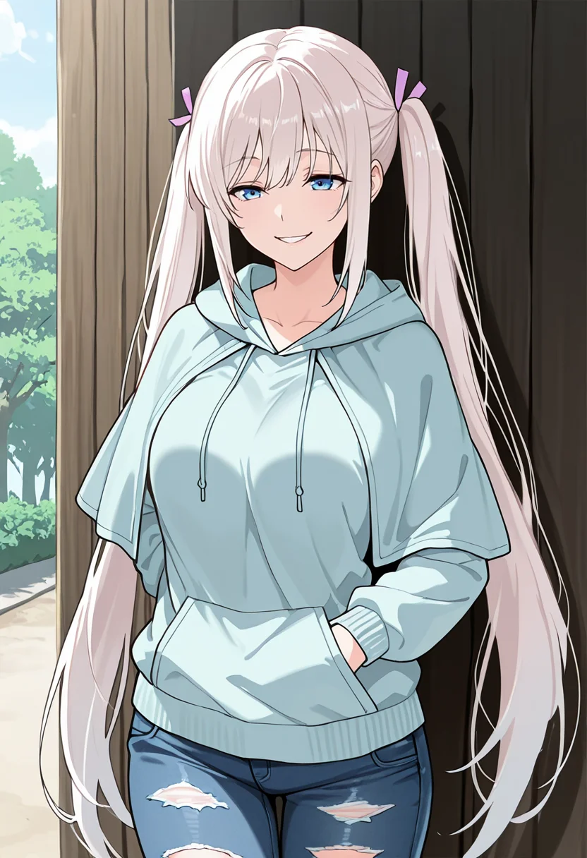 masterpiece,high quality details,
outdoors, 
 <lora:Komako_Semenovich:0.8> komako_cnr, 1girl, white hair, very long hair, twintails, blue eyes,sidelocks, hair ribbon,(aged up:1.2), (mature female:1.1),, crazy smile,thinking,, capelet,zip-up hoodie ,ripped jeans, ,aran legwear,