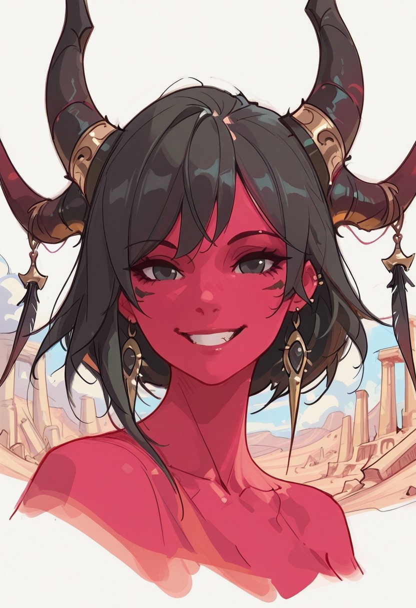 (concept art, unfinished, sketch:1.5), 1girl, close up, portrait, dynamic pose, detailed eyes, black eyes, black hair, earrings, horns, red skin, horn ornaments, feathers, grin, desert, ruins, looking at viewer, 