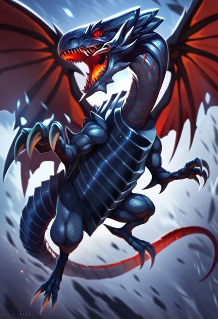 score_9_up, score_8_up, score_7_up, score_6_up, red-eyes black dragon, dragon, giant dragon, chrome metal scales, metallic scales, realistic metal scales, scaly body, polished scales, reflective metal scales, segmented body, claws, wings, dragon wings, red eyes, (glowing red eyes), (infernal background)