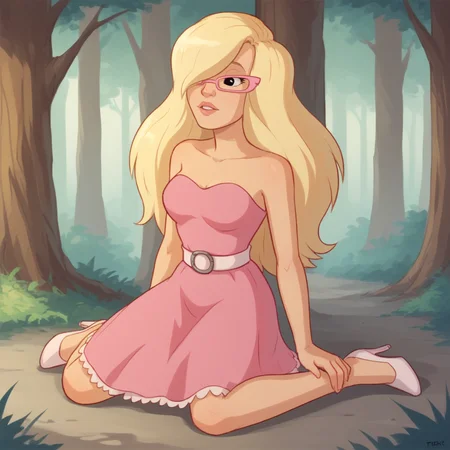 score_9_up, score_8_up, BREAK, Yvonne, 1girl, solo, blonde hair, long hair, hair over one eye, black eyes, pink-framed eyewear, strapless dress, pink dress, whit heels, <lora:Yvonne_ToxicCrusaders_PXL_Leaf1:1>, sitting on floor, forest,