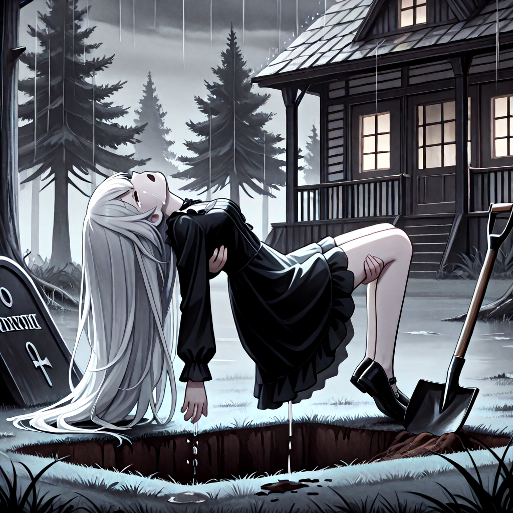 absurdres, explicit, grave digging, hand on ground, princess carry, 2girls, sleeping, carrying, crying, tears, sad, breasts, closed eyes, closed mouth, pale skin, long hair, black hair, white hair, gothic dress, bangs, tree, grass, death, corpse, victorian, house, building, oil lamp, lantern, shovel, fog, smog, grey sky, profile, from side, kneeling, seiza, head tilt, rain, water drop, shouting, (((leaning back))), <lora:girlhategravedigging_ilxl:0.8>