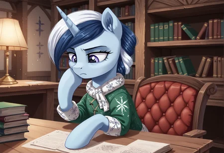 score_9, score_8_up, score_7_up, score_6_up, score_5_up, score_4_up, river swirl, unicorn, pony, mare, female, solo, (short mane:0.6), two toned mane, white mane, dark blue mane, green clothes, detailed, beautiful, <lora:123:1>, <lora:RELSM_v1:0.8>, <lora:3D_Animation_Diffusion_Pony_style:0.2>, <lora:Fant5yP0ny:0.4>, <lora:CandyCuteStylePDXL:0.3>, <lora:Wholesome_MLP-v1.2> BREAK
indoors, medieval, office, wooden table, rich decor, sitting, bored, leaning on table, bookshelf, throne, paperwork, stacks of papers, books, lamp on table, inkwell, three quarter view, looking down, (purple eyes:0.5)