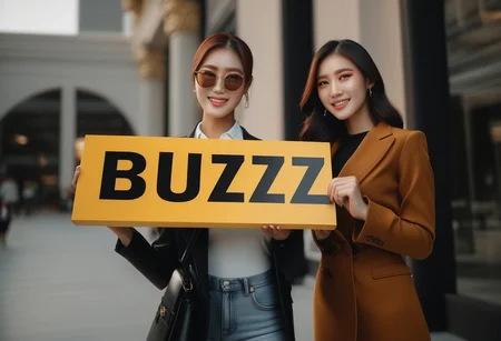 asianmusclemommy, holding sign text, sign that says, the word Buzz