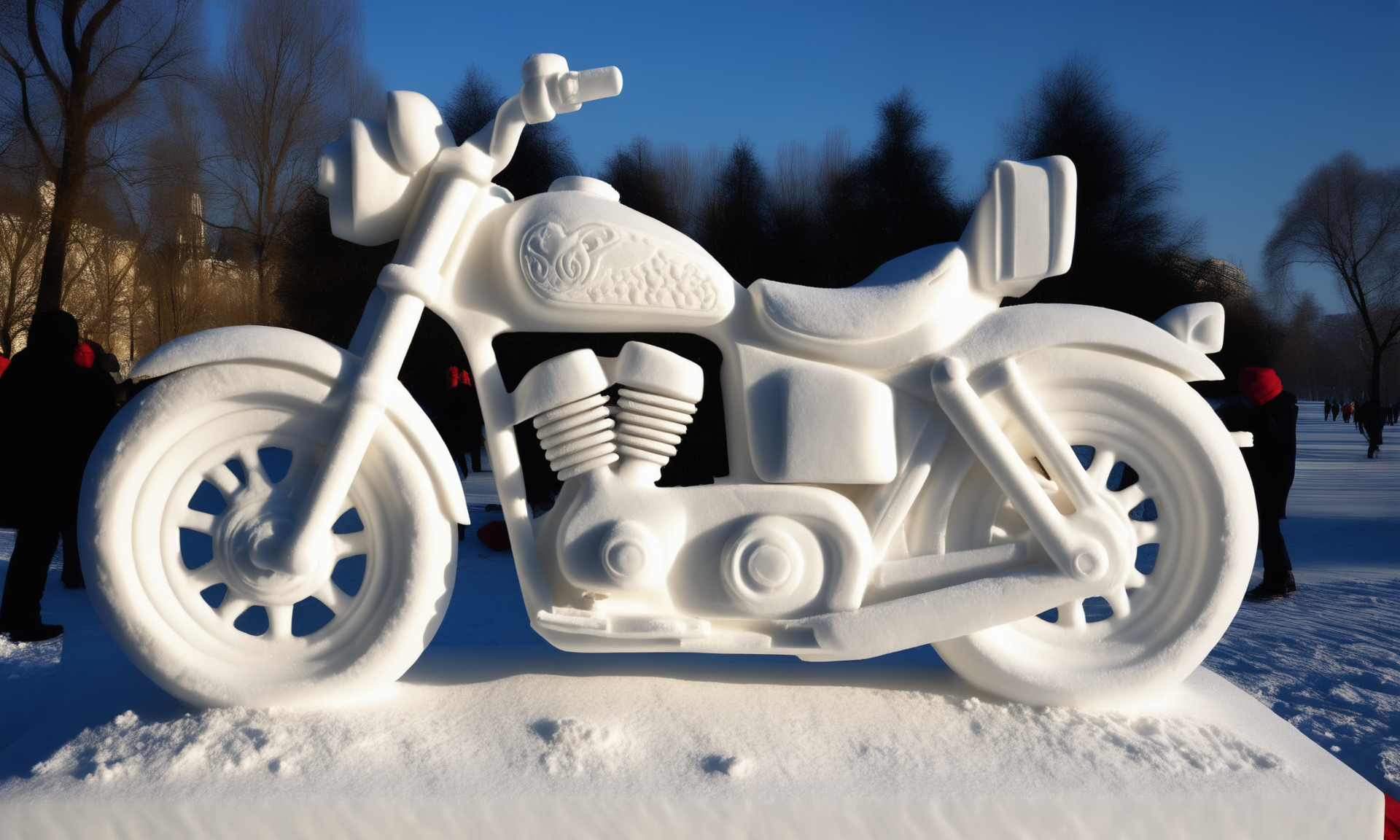 <lora:snowsculpturecd_xl-000006:0.8>,a snow sculpture of a motorbike made of snowsculpturecd_xl on snowfield,snowsculpturecd_xl body,snowsculpturecd_xl face,winter,midday,solo,outdoors,in park,blue sky,there were a lot of people watching in the distance,cute and lovely,still life,from front,looking at viewer,close-up,full body,no humans,fine art,detailed,hi-res photo, emotional,harmonious,high budget,moody,epic,gorgeous,perfect lighting,realistic,photorealistic,photographic,photo (medium),real,moody lighting,volumetric lighting,reality ray tracing,8K,HDR,UHD,masterpiece,best quality,highly detailed,high resolution,finely detail,extremely detailed,ultra detailed,wallpaper