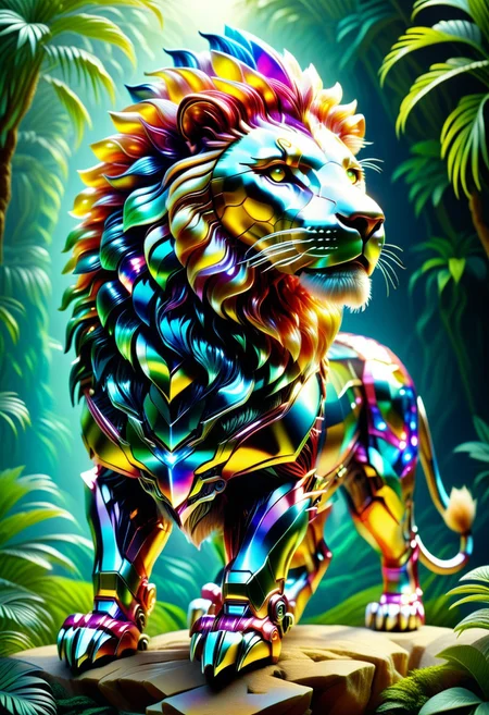 a TransformersStyle lion made out of dvrscls covered in multicoloured Jed-Auquartz