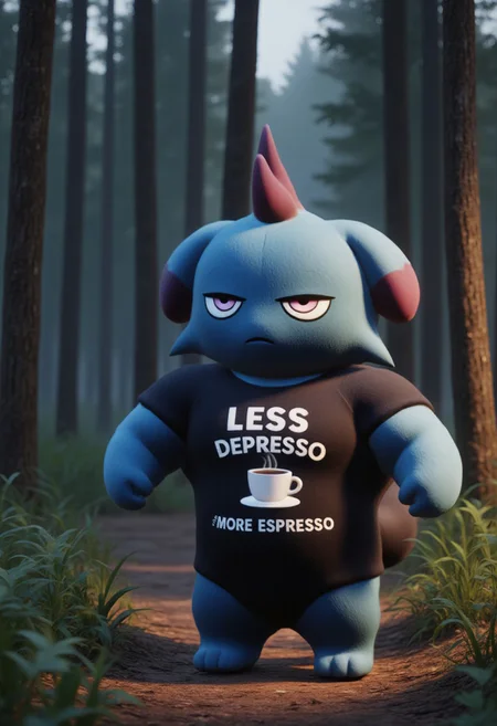 Anthroid blue Depresso standing in forest at night. Depresso is wearing a black t-shirt with white text "LESS DEPRESSO, MORE ESPRESSO" with a coffee mug logo in center