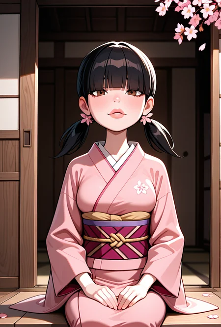 <lora:julieov:1>, julieov, black hair, twintails, 1girl, breasts, low twintails, pink kimono, blunt bangs, hair ornament, flower in hair,, brown eyes, lips, hair over eyes, expressive, wide face, visible eyes,  kimono, japanese kimono, sitting on ground, wooden house, japanese dinner, japanese house, falling pink petals, cherry leaves,, masterpiece, best quality, amazing quality, very aesthetic, absurdres, newest,