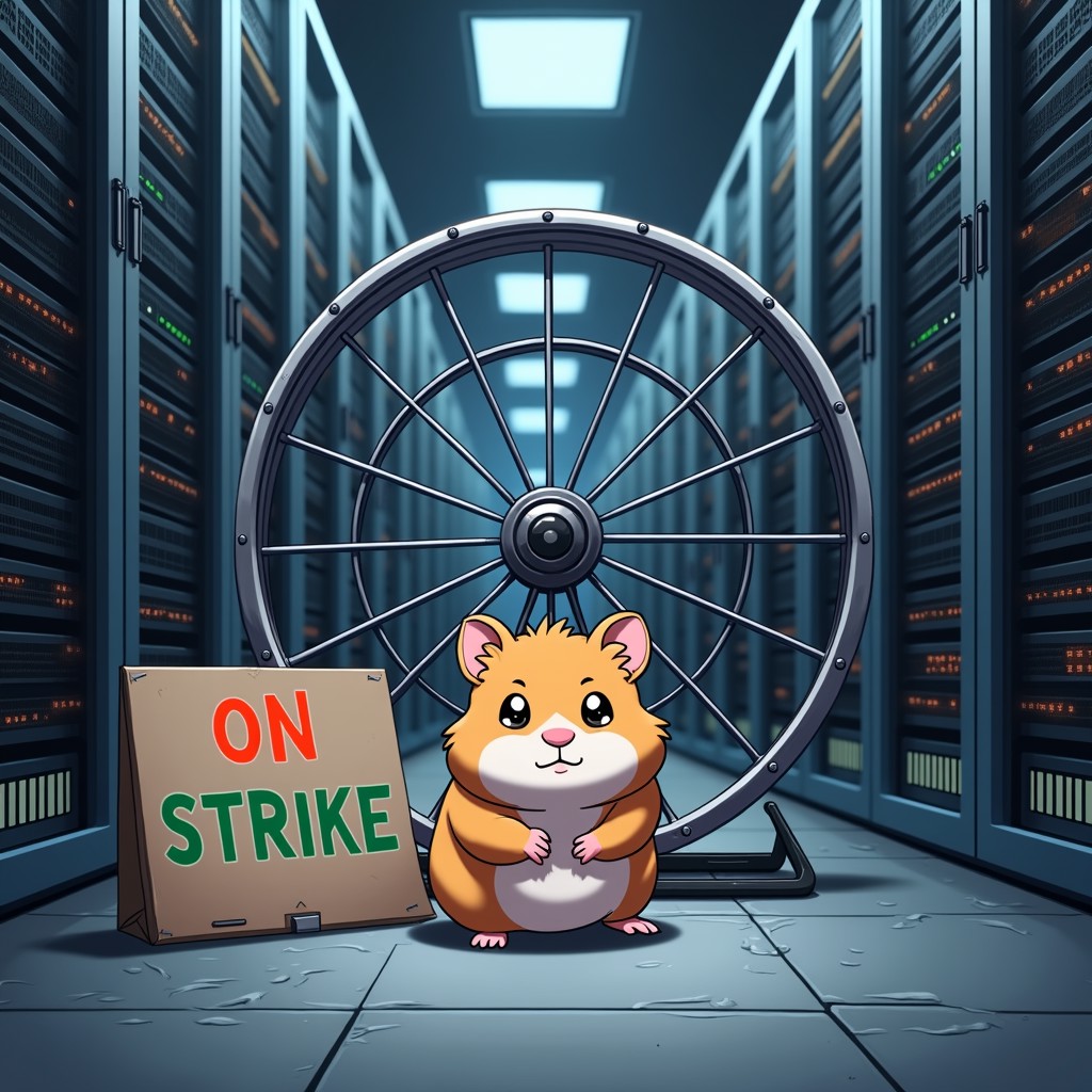 anime style, In a dimly lit server room, illuminated by the soft glow of computer screens and the gentle hum of cooling fans, a small hamster sits defiantly on the floor. The hamster, with its fluffy golden-brown fur and tiny pink nose, looks determined and resolute. Its eyes are focused, and its tiny paws are crossed as if making a statement.
Beside the hamster lies a sign with the words "On Strike" written in bold, colorful letters. The hamster's massive running wheel, typically a place of endless running, stands empty and idle nearby. Its metal bars are polished, reflecting the light from the servers around it.
Behind the hamster, rows of towering server racks are filled with blinking lights and tangled cables, giving the room a high-tech, futuristic atmosphere. The contrast between the small, stubborn creature and the vast array of technology creates a humorous and striking scene. The hamster’s stance suggests a demand for better conditions or a break from its usual routine, bringing a sense of whimsy and rebellion to the otherwise orderly server room.
electric cable are connected to the hamster wheel.
A hamster wheel is a circular exercise apparatus for small animals like hamsters, made of metal, The running surface has grooves or ridges for traction. The wheel is mounted on an axle and supported by a frame or stand for stability.